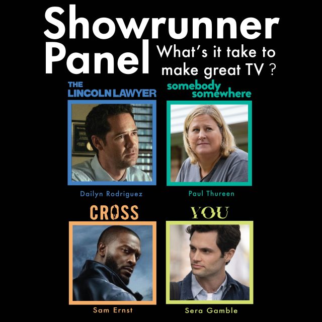 2024 Writing Pad Show runner Panel image is used to promote the event. It features the four shows represented and the names of the showrunners of those shows.