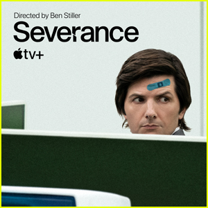 Adam Scott peers over a cubicle with a bandaid on his forehead. "Severance directed by Ben Stiller" along with the Apple TV+ logo is in the top left corner.