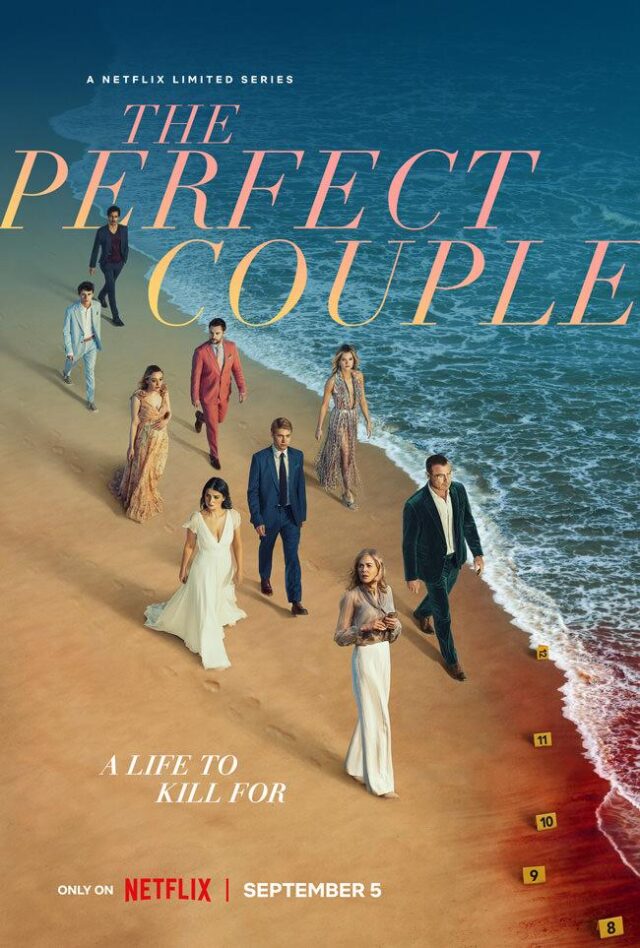 The cast of the Perfect Couple is posing on the beach in their wedding attire, with blood spilling into the ocean in the bottom right corner. The title of "The Perfect Couple" is at the top.